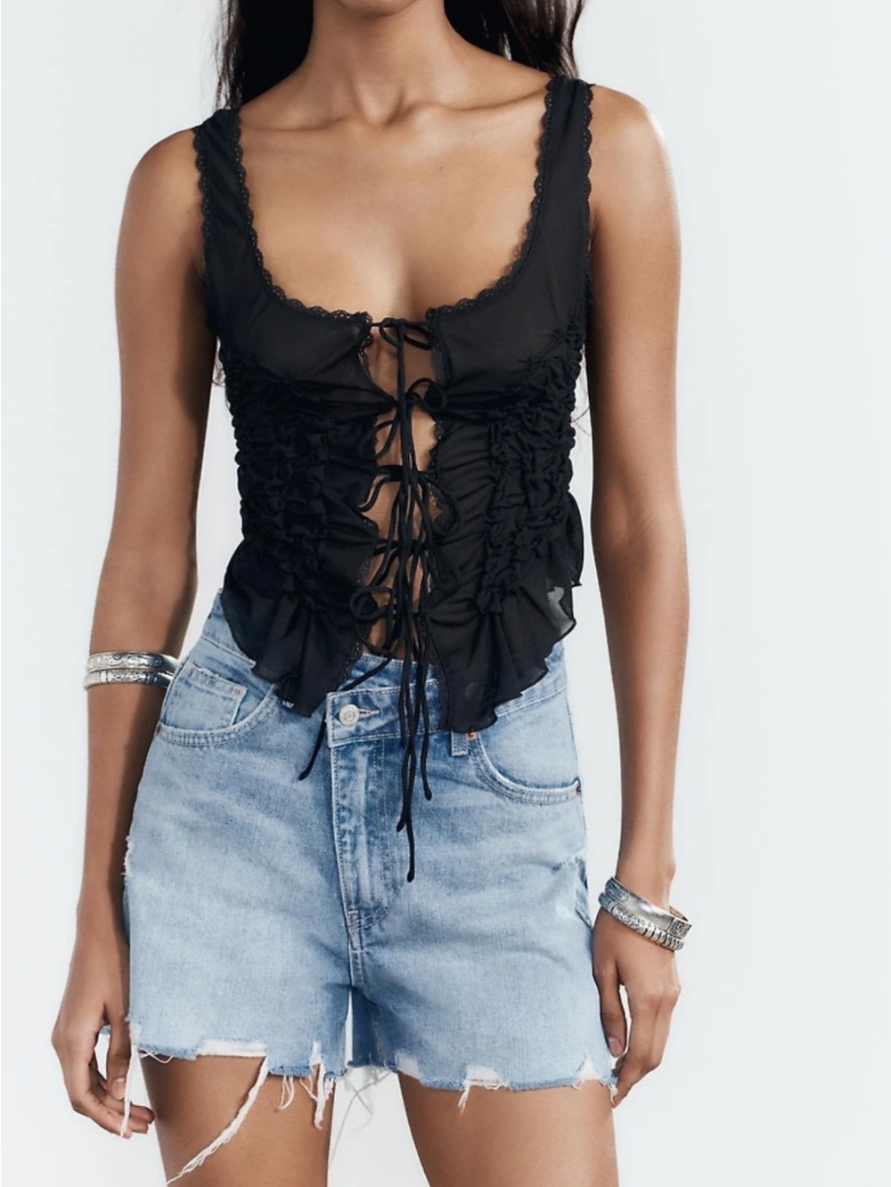 Zara Black Lace-Up Ruched Tank Top